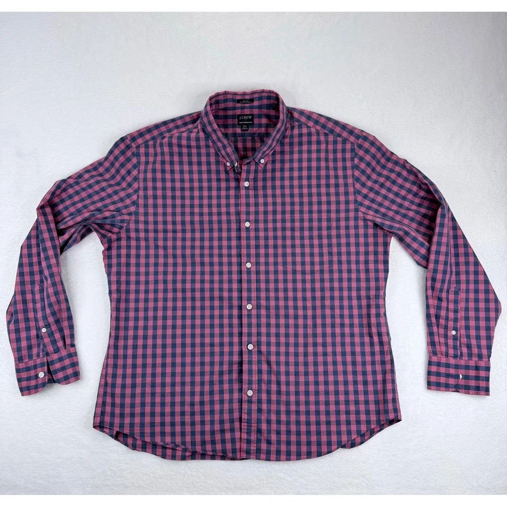 J. Crew Performance Slim Untucked‎ Gingham Shirt Mens XXL Pink Navy Blue Check